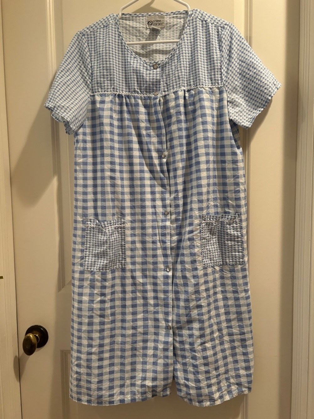 Cozee Corner Gingham Snap Front Duster Robe House Dress pockets short sleeve M